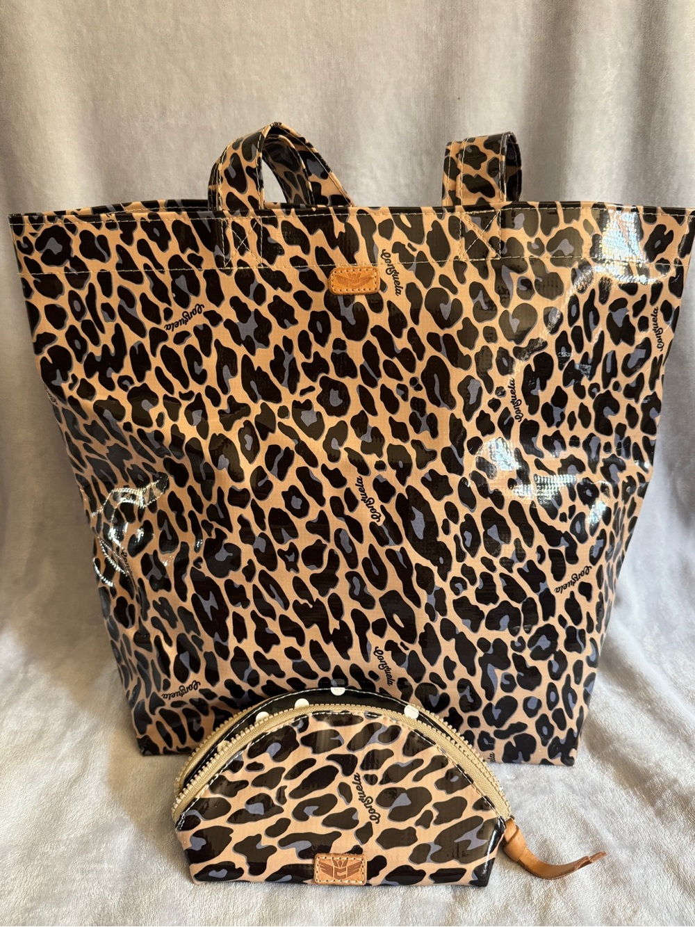 Leopard Print Tote and Pouch - Beige/Black Women’s Bag Set
